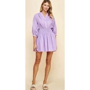Pinch Mini Dress Womens Med Purple Pleated Puff Sleeve Boho Preppy smocked NWT